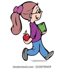 Cute primary schoolgirl carrying stack books with red apple