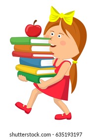 Cute primary schoolgirl carrying stack books with red apple