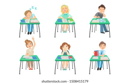 Cute Primary Schools Pupils Sitting at Desks at Classroom, Kids on School Lesson, School Children Characters Studying at School Vector Illustration