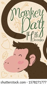 Cute primate with tender doodles around it, celebrating its day: Monkey Day in December 14.