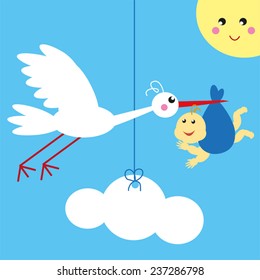 Cute primitive baby shower card with baby and stork