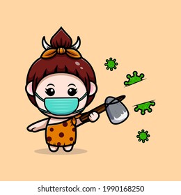 Cute Primitive Cavegirl Kill Virus With Stone Axe Icon Illustration