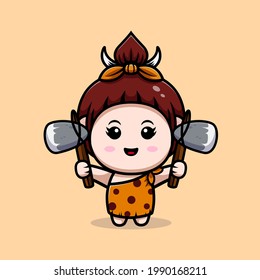 Cute Primitive Cavegirl With Stone Axe Icon Illustration