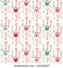 Cute primitive retro pattern with heart as lock and many keys