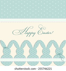 Cute primitive vintage greeting card Happy Easter with polka dot bunnies