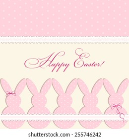 Cute primitive vintage greeting card Happy Easter with polka dot bunnies