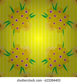 Cute primrose flowers pattern. Watercolor seamless pattern on striped background. Vector floral print on a yellow background.