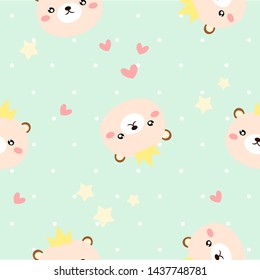Cute prince bear on green background with white dot and decorate with star and heart. Seamless and vector. Pastel color.