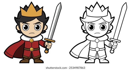 Cute Prince With Crown Holding Sword Cartoon Outline Coloring Page For Kids