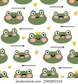 Cute Prince frog. Baby seamless pattern with cartoon animals. Repea ornament with funny toad for fabric prints for baby textile, infant clothes, kids knitwear, nursery bedding. Vector cute green frog.