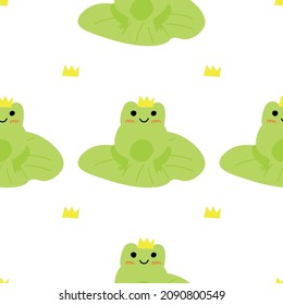 Cute  prince frog with crown. Enamored green toads. Vector animal characters seamless pattern of amphibian toad drawing.Childish design for baby clothes, bedding, textiles, print, wallpaper.