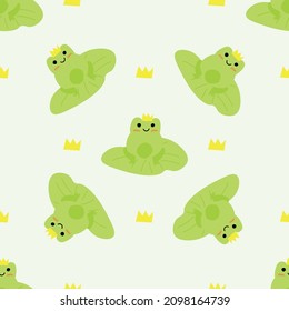 Cute  prince frog with crown. Enamored green toads. Vector animal characters seamless pattern of amphibian toad drawing.Childish design for baby clothes, bedding, textiles, print, wallpaper.