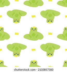 Cute prince frog with crown. Enamored green toads. Vector animal characters seamless pattern of amphibian toad drawing.Childish design for baby clothes, bedding, textiles, print, wallpaper.