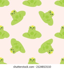 Cute prince frog with crown. Enamored green toads. Vector animal characters seamless pattern of amphibian toad drawing.Childish design for baby clothes, bedding, textiles, print, wallpaper.