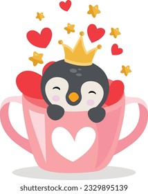 Cute prince penguin inside love cup with hearts and stars