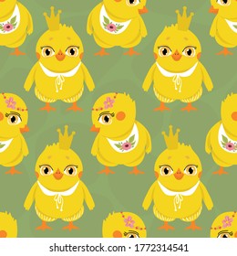 Cute Prince and Princess chickens on a green background.  Seamless baby pattern vector illustration.. Flat style.