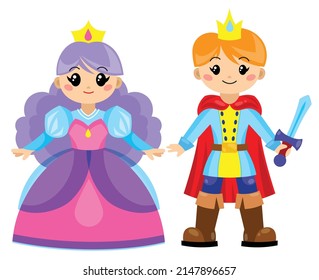 Cute prince and princess. Magic fantasy children's preschool people illustration.