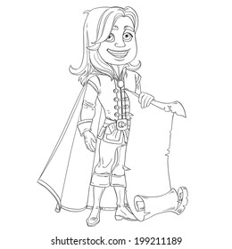 Cute prince with a scroll of parchment for your banner outlined