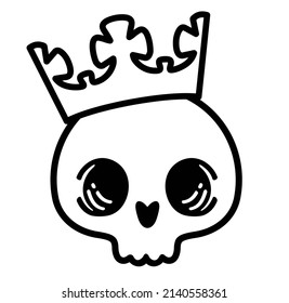 Cute  prince skull in crown isolated. Crowned king skull symbol of spooky human cranium with royal gold crown. For tattoo, t-shirt print or Halloween design usage. Vector illustration