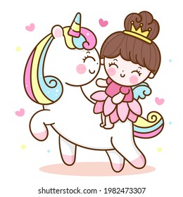 Caricatura de ángel de princesa lindo montada en unicornio vector pony caricatura de animales kawaii amistad de fondo: Series personajes de cuento de hadas caballo (garabatos planos Girly). Niños de guardería, niños, saludo.