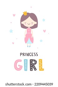Cute princess baby girl. Poster for girls room. Vector girly print for apparel and wall art.