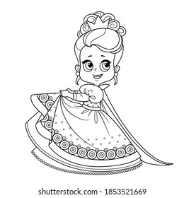 Cute princess in ball dress with puffy skirts and high hair outlined for coloring book