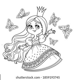 Cute princess in ball dress surrounded by fluttering butterflies outlined for coloring book