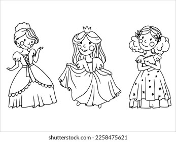 Cute princess in a ball gown. Coloring book A girl in a magical costume. Middle Ages. Vector illustration isolated on white background.