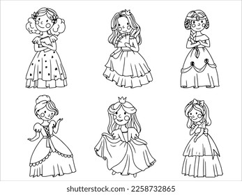 Cute princess in a ball gown. Coloring book A girl in a magical costume. Middle Ages. Vector illustration isolated on white background.