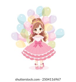 Cute princess with balloons in a pink dress and a crown. Isolate on white background, Vector illustration in flat cartoon style