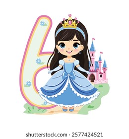 Cute princess with beautiful eyes in a blue dress and number 6 on white background. Happy Birthday concept. For Greeting Card or Invitation. Vector illustration in flat cartoon style