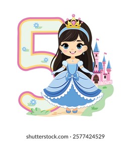 Cute princess with beautiful eyes in a blue dress and number 5 on white background. Happy Birthday concept. For Greeting Card or Invitation. Vector illustration in flat cartoon style