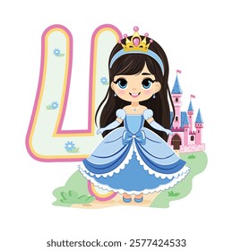 Cute princess with beautiful eyes in a blue dress and number 4 on white background. Happy Birthday concept. For Greeting Card or Invitation. Vector illustration in flat cartoon style