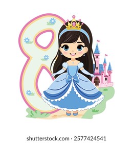 Cute princess with beautiful eyes in a blue dress and number 8 on white background. Happy Birthday concept. For Greeting Card or Invitation. Vector illustration in flat cartoon style