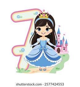 Cute princess with beautiful eyes in a blue dress and number 7 on white background. Happy Birthday concept. For Greeting Card or Invitation. Vector illustration in flat cartoon style