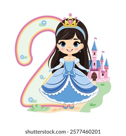 Cute princess with beautiful eyes in a blue dress and number 2 on white background. Happy Birthday concept. For Greeting Card or Invitation. Vector illustration in flat cartoon style