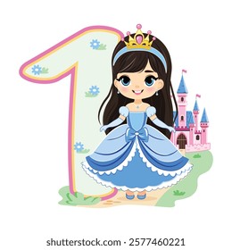 Cute princess with beautiful eyes in a blue dress and number 1 on white background. Happy Birthday concept. For Greeting Card or Invitation. Vector illustration in flat cartoon style