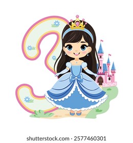 Cute princess with beautiful eyes in a blue dress and number 3 on white background. Happy Birthday concept. For Greeting Card or Invitation. Vector illustration in flat cartoon style