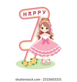 Cute princess with beautiful eyes in a pink dress and number 7 on white background. Happy Birthday concept. For Greeting Card or Invitation. Vector illustration in flat cartoon style
