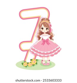 Cute princess with beautiful eyes in a pink dress and number 7 on white background. Happy Birthday concept. For Greeting Card or Invitation. Vector illustration in flat cartoon style