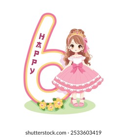 Bonita princesa com belos olhos em um vestido rosa e número 6 no fundo branco. Conceito de feliz aniversário. Para Cartão de Mensagem ou Convite. Ilustração vetorial em estilo de desenho animado plano
