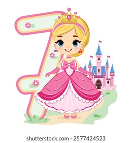 Cute princess with beautiful eyes in a pink dress and number 7 on white background. Happy Birthday concept. For Greeting Card or Invitation. Vector illustration in flat cartoon style