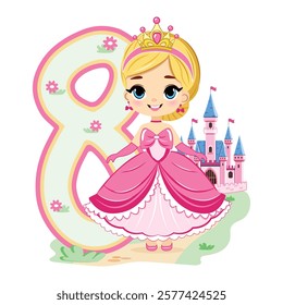 Cute princess with beautiful eyes in a pink dress and number 8 on white background. Happy Birthday concept. For Greeting Card or Invitation. Vector illustration in flat cartoon style