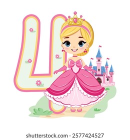 Cute princess with beautiful eyes in a pink dress and number 4 on white background. Happy Birthday concept. For Greeting Card or Invitation. Vector illustration in flat cartoon style