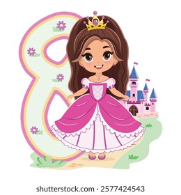 Cute princess with beautiful eyes in a pink dress and number 8 on white background. Happy Birthday concept. For Greeting Card or Invitation. Vector illustration in flat cartoon style