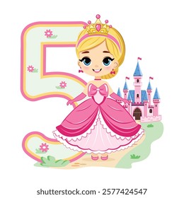 Cute princess with beautiful eyes in a pink dress and number 5 on white background. Happy Birthday concept. For Greeting Card or Invitation. Vector illustration in flat cartoon style