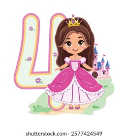 Cute princess with beautiful eyes in a pink dress and number 4 on white background. Happy Birthday concept. For Greeting Card or Invitation. Vector illustration in flat cartoon style