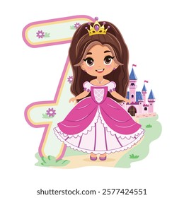 Cute princess with beautiful eyes in a pink dress and number 7 on white background. Happy Birthday concept. For Greeting Card or Invitation. Vector illustration in flat cartoon style