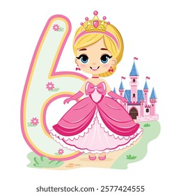 Cute princess with beautiful eyes in a pink dress and number 6 on white background. Happy Birthday concept. For Greeting Card or Invitation. Vector illustration in flat cartoon style