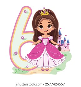 Cute princess with beautiful eyes in a pink dress and number 6 on white background. Happy Birthday concept. For Greeting Card or Invitation. Vector illustration in flat cartoon style